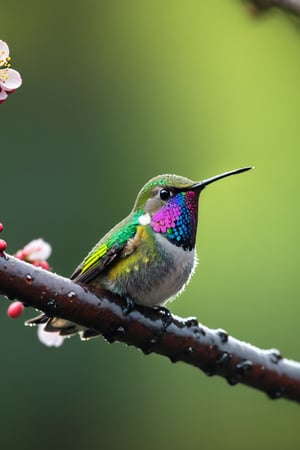 Rain, forest background, plum blossom close-up, hummingbird, colorful beautiful bird, colorful bird, chubby cute bird (documentary photo: 1.3). BREAK (full body shot: 1.2), perched on a branch, creative shadow play, eye level, BREAK (shot on Canon EOS 5D: 1.4), Fujicolor Pro film, Miko Lagerstedt style/Liam Wong/Nan Goldin/Lee Friedlander, BREAK (photorealism :1.3), vignette, highest quality, detailed and intricate, original footage, digital painting, moonster