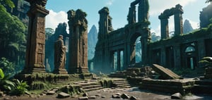 Post-apocalyptic city ruins, ancient ruins, giant statue ruins, architectural ruins, abandoned cities, magnificent scenery, mysterious civilizations, megalithic buildings, magical colors,

(Masterpiece), ((, Illustration Style,)) Still Film, ((Photorealistic: 1.2)), Cinematic Lighting, Perfect Composition, Super Detailed, Full Body, Masterpiece, (Best Quality: 1.3), Reflections, Extremely Detailed cg unity 8k wallpaper, detailed background, masterpiece, best quality, (masterpiece), (best quality: 1.4), (ultra high resolution: 1.2), (hyperrealistic: 1.4), (realistic: 1.2), most Best quality, high image quality, high resolution, ultra-realistic image quality, 8k, real rainforest, epic movie style,