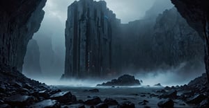 Best quality, extremely detailed, 8k, ultra high definition, perfect quality, masterpiece, night, darkness, mist, shore, cliff, calm sea, rocks, very thick fog, realistic, eerie, gloomy, scary The atmosphere, the menace, the gloom, seen from a distance, extremely fine and detailed, dark reinforced concrete fortifications with vertical, floor-to-ceiling windows, futuristic architecture, architectural neon lights,