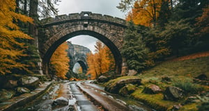 Forest, beautiful forest, rain, grass, rocks, cliffs, stone road, stone arch bridge with sculptures, epic movie style, masterpiece, perfect quality, exquisite details, real, clear, sharp, detailed, professional photos. (((Compare))), 8k, Ultra HD quality, cinematic look, cool colors,