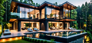 Luxurious villa in the forest, floor-to-ceiling windows, fashionable style,
Masterpiece, perfect quality, ultra high definition, 8k, exquisite details,