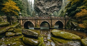 Forest, beautiful forest, rain, grass, rocks, cliffs, stone arch bridge with sculptures, beautiful stone bridge, epic movie style, masterpiece, perfect quality, exquisite details, real, clear, sharp, detailed, professional photos. (((comparison))), 8k, Ultra HD quality, cinematic look, cool tones,