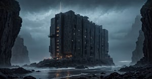 Best quality, extremely detailed, 8k, ultra high definition, perfect quality, masterpiece, night, darkness, mist, shore, cliff, calm sea, rocks, very thick fog, realistic, eerie, gloomy, scary The atmosphere, the menace, the gloom, seen from a distance, extremely fine and detailed, dark reinforced concrete fortifications with vertical, floor-to-ceiling windows, futuristic architecture, architectural neon lights,