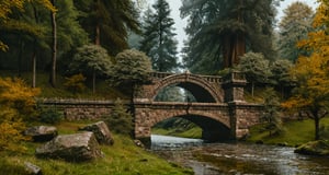 Forest, beautiful forest, rain, grass, rocks, cliffs, stone road, stone arch bridge with sculptures, epic movie style, masterpiece, perfect quality, exquisite details, real, clear, sharp, detailed, professional photos. (((Compare))), 8k, Ultra HD quality, cinematic look, cool colors,