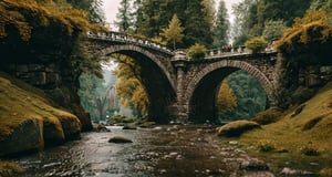 Forest, beautiful forest, rain, grass, rocks, cliffs, stone arch bridge with sculptures, beautiful stone bridge, epic movie style, masterpiece, perfect quality, exquisite details, real, clear, sharp, detailed, professional photos. (((comparison))), 8k, Ultra HD quality, cinematic look, cool tones,