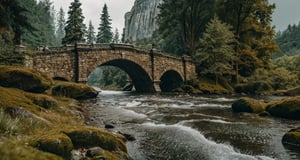 Forest, beautiful forest, rain, grass, rocks, cliffs, stone arch bridge with sculptures, beautiful stone bridge, epic movie style, masterpiece, perfect quality, exquisite details, real, clear, sharp, detailed, professional photos. (((comparison))), 8k, Ultra HD quality, cinematic look, cool tones,