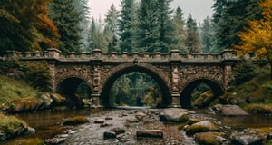 Forest, beautiful forest, rain, grass, rocks, cliffs, stone arch bridge with sculptures, beautiful stone bridge, epic movie style, masterpiece, perfect quality, exquisite details, real, clear, sharp, detailed, professional photos. (((comparison))), 8k, Ultra HD quality, cinematic look, cool tones,