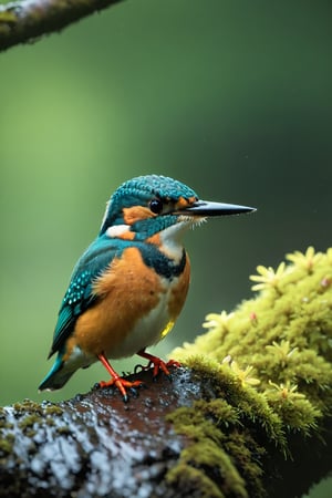 Rain, forest background, close-up of rhododendron, kingfisher, beautiful colorful bird, colorful bird, chubby cute bird (documentary photo: 1.3). BREAK (full body shot: 1.2), perched on a branch, creative shadow play, eye level, BREAK (shot on Canon EOS 5D: 1.4), Fujicolor Pro film, Miko Lagerstedt style/Liam Wong/Nan Goldin/Lee Friedlander, BREAK (photorealism :1.3), vignette, highest quality, detailed and intricate, original footage, digital painting, moonster