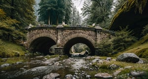 Forest, beautiful forest, rain, grass, rocks, cliffs, stone arch bridge with sculptures, beautiful stone bridge, epic movie style, masterpiece, perfect quality, exquisite details, real, clear, sharp, detailed, professional photos. (((comparison))), 8k, Ultra HD quality, cinematic look, cool tones,