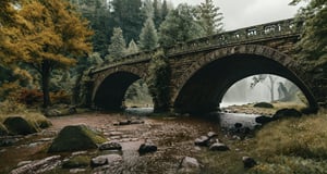 Forest, beautiful forest, rain, grass, rocks, cliffs, stone arch bridge with sculptures, beautiful stone bridge, epic movie style, masterpiece, perfect quality, exquisite details, real, clear, sharp, detailed, professional photos. (((comparison))), 8k, Ultra HD quality, cinematic look, cool tones,