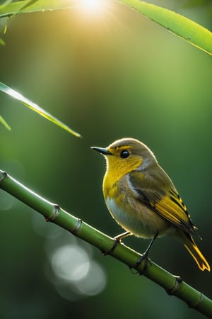 Bamboo forest, bamboo, close-up of bamboo leaves, beautiful bird, mellow and cute bird (documentary photo: 1.3). BREAK (full-body shot: 1.2), perched on a branch, direct sunlight, creative shadow play, eye level, BREAK (shot on Canon EOS 5D: 1.4), Fujicolor Pro film, Miko Lagerstedt style/Liam Wong/Nan Goldin/Lee Friedlander, BREAK (Photorealism: 1.3), vignette, highest quality, detailed and intricate, original footage, digital painting, moonster