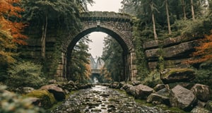 Forest, beautiful forest, rain, grass, rocks, cliffs, stone road, stone arch bridge with sculptures, epic movie style, masterpiece, perfect quality, exquisite details, real, clear, sharp, detailed, professional photos. (((Compare))), 8k, Ultra HD quality, cinematic look, cool colors,