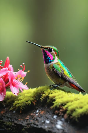 Rain, forest background, close-up of rhododendron, hummingbird, beautiful colorful bird, colorful bird, chubby cute bird (documentary photo: 1.3). BREAK (full body shot: 1.2), perched on a branch, creative shadow play, eye level, BREAK (shot on Canon EOS 5D: 1.4), Fujicolor Pro film, Miko Lagerstedt style/Liam Wong/Nan Goldin/Lee Friedlander, BREAK (photorealism :1.3), vignette, highest quality, detailed and intricate, original footage, digital painting, moonster