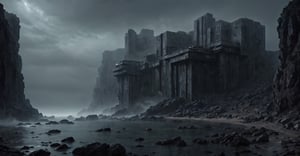 Best quality, extremely detailed, 8k, masterpiece, night, darkness, mist, shore, cliff, calm sea, rocks, very thick fog, realistic, eerie, gloomy, scary atmosphere, threatening, gloomy, from Viewed from a distance, extremely fine and detailed, dark reinforced concrete fortifications with vertical, floor-to-ceiling windows, futuristic architecture,DonMn1ghtm4reXL,science fiction, 