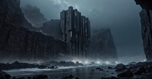 Best quality, extremely detailed, 8k, ultra high definition, perfect quality, masterpiece, night, darkness, mist, shore, cliff, calm sea, rocks, very thick fog, realistic, eerie, gloomy, scary The atmosphere, the menace, the gloom, seen from a distance, extremely fine and detailed, dark reinforced concrete fortifications with vertical, floor-to-ceiling windows, futuristic architecture, architectural neon lights,