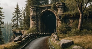 Forest, beautiful forest, rain, grass, rocks, cliffs, stone road, stone arch bridge, epic movie style, masterpiece, perfect quality, exquisite details, real, clear, sharp, detailed, professional photos. (((Compare))), 8k, Ultra HD quality, cinematic look, cool colors,