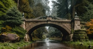 Forest, beautiful forest, rain, grass, rocks, cliffs, stone road, stone arch bridge with sculptures, epic movie style, masterpiece, perfect quality, exquisite details, real, clear, sharp, detailed, professional photos. (((Compare))), 8k, Ultra HD quality, cinematic look, cool colors,