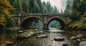 Forest, beautiful forest, rain, grass, rocks, cliffs, stone arch bridge with sculptures, beautiful stone bridge, epic movie style, masterpiece, perfect quality, exquisite details, real, clear, sharp, detailed, professional photos. (((comparison))), 8k, Ultra HD quality, cinematic look, cool tones,