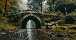 Forest, beautiful forest, rain, grass, rocks, cliffs, stone road, stone arch bridge with sculptures, epic movie style, masterpiece, perfect quality, exquisite details, real, clear, sharp, detailed, professional photos. (((Compare))), 8k, Ultra HD quality, cinematic look, cool colors,