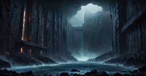 Best quality, extremely detailed, 8k, ultra high definition, perfect quality, masterpiece, night, darkness, mist, shore, cliff, calm sea, rocks, very thick fog, realistic, eerie, gloomy, scary The atmosphere, the menace, the gloom, seen from a distance, extremely fine and detailed, dark reinforced concrete fortifications with vertical, floor-to-ceiling windows, futuristic architecture, architectural neon lights,