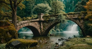 Forest, beautiful forest, rain, grass, rocks, cliffs, stone arch bridge with sculptures, beautiful stone bridge, epic movie style, masterpiece, perfect quality, exquisite details, real, clear, sharp, detailed, professional photos. (((comparison))), 8k, Ultra HD quality, cinematic look, cool tones,