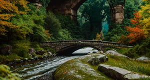 Forest, beautiful forest, rain, grass, rocks, cliffs, stone road, stone arch bridge with sculptures, epic movie style, masterpiece, perfect quality, exquisite details, real, clear, sharp, detailed, professional photos. (((Compare))), 8k, Ultra HD quality, cinematic look, cool colors,