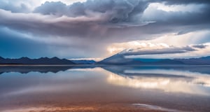 Masterpiece, highest quality, 8k high quality photo, perfect details, perfect composition, ultra high definition, sky over the Salt Lake of Uyuni, mirror-like surface of the lake, reflection in the water, majestic distant mountains, dark clouds, lightning