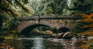 Forest, beautiful forest, rain, grass, rocks, cliffs, stone arch bridge with sculptures, beautiful stone bridge, epic movie style, masterpiece, perfect quality, exquisite details, real, clear, sharp, detailed, professional photos. (((comparison))), 8k, Ultra HD quality, cinematic look, cool tones,