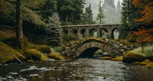 Forest, beautiful forest, rain, grass, rocks, cliffs, stone road, stone arch bridge, epic movie style, masterpiece, perfect quality, exquisite details, real, clear, sharp, detailed, professional photos. (((Compare))), 8k, Ultra HD quality, cinematic look, cool colors,