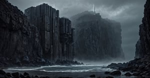 Best quality, extremely detailed, 8k, masterpiece, night, darkness, mist, shore, cliff, calm sea, rocks, very thick fog, realistic, eerie, gloomy, scary atmosphere, threatening, gloomy, from Viewed from a distance, extremely fine and detailed, dark reinforced concrete fortifications with vertical, floor-to-ceiling windows, futuristic architecture,DonMn1ghtm4reXL,science fiction, 