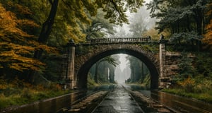 Forest, beautiful forest, rain, grass, rocks, cliffs, stone road, stone arch bridge with sculptures, epic movie style, masterpiece, perfect quality, exquisite details, real, clear, sharp, detailed, professional photos. (((Compare))), 8k, Ultra HD quality, cinematic look, cool colors,