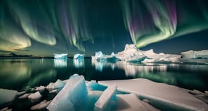 Masterpiece, highest quality, 8k high quality photo, perfect details, perfect composition, sparkling starry sky, night, light green aurora, huge icebergs, glaciers, exposed rocks, polar bears,