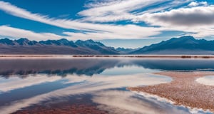Masterpiece, highest quality, 8k high quality photo, perfect details, perfect composition, ultra high definition, sky over the Salt Lake of Uyuni, mirror-like surface of the lake, water reflection, majestic distant mountains, mist,
