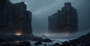 Best quality, extremely detailed, 8k, ultra high definition, perfect quality, masterpiece, night, darkness, mist, shore, cliff, calm sea, rocks, very thick fog, realistic, eerie, gloomy, scary The atmosphere, the menace, the gloom, seen from a distance, extremely fine and detailed, dark reinforced concrete fortifications with vertical, floor-to-ceiling windows, futuristic architecture, architectural neon lights,