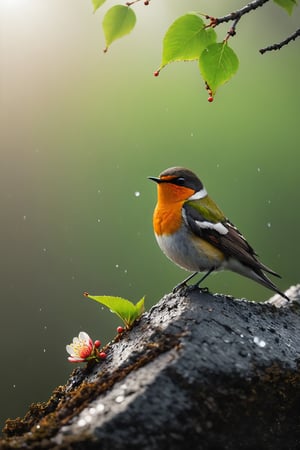 Rain, forest background, close-up of plum blossoms, five-color swallows, colorful beautiful birds, colorful birds, mellow and cute birds (documentary photo: 1.3). BREAK (full-body shot: 1.2), perched on a branch, creative shadow play, eye level, BREAK (shot on Canon EOS 5D: 1.4), Fujicolor Pro film, Miko Lagerstedt style/Liam Wong/Nan Goldin/Lee Friedlander, BREAK (photo realistic ism: 1.3), vignette, highest quality, detailed and intricate, original footage, digital painting, moonster