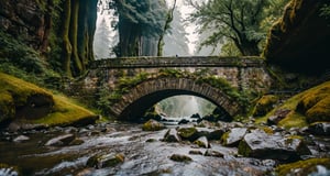 Forest, beautiful forest, rain, grass, rocks, cliffs, stone arch bridge with sculptures, beautiful stone bridge, epic movie style, masterpiece, perfect quality, exquisite details, real, clear, sharp, detailed, professional photos. (((comparison))), 8k, Ultra HD quality, cinematic look, cool tones,