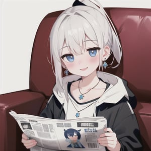 1girl,,best_quality, ,highres, extremely_detailed,perfect detailed, 8k, masterpiece,manicia,cowboy shot,sofa,sitting,
cartoon,cute,avatar icon,upper body,easy background,,illustration,head close-up,reading newspaper,looking at hand 

white hair,hooded jacket,high ponytail,lazy,necklace,earrings,closing mouth,smile,blush,