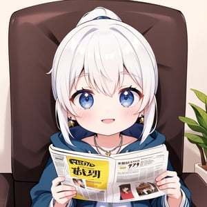 1girl,,best_quality, ,highres, extremely_detailed,perfect detailed, 8k, masterpiece,manicia,cowboy shot,sofa,sitting,
cartoon,cute,avatar icon,upper body,easy background,,illustration,head close-up,reading newspaper,looking at hand 

white hair,hooded jacket,high ponytail,lazy,necklace,earrings,closing mouth,smile,blush,