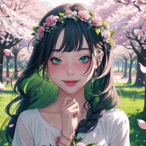 1girl, bangs, blush, bouquet, bracelet, cherry blossoms, confetti, falling petals, flower, head wreath, holding, jewelry, leaf, long hair, looking at viewer, petals, rose petals, short sleeves, smile, solo, upper body, very long hair white/ green,portrait,  