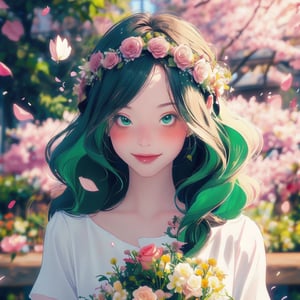 1girl, bangs, blush, bouquet, bracelet, cherry blossoms, confetti, falling petals, flower, head wreath, holding, jewelry, leaf, long hair, looking at viewer, petals, rose petals, short sleeves, smile, solo, upper body, very long hair white/ green,portrait,