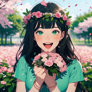 1girl, bangs, blush, bouquet, bracelet, cherry blossoms, confetti, falling petals, flower, head wreath, holding, jewelry, leaf, long hair, looking at viewer, open mouth, petals, rose petals, short sleeves, smile, solo, upper body, very long hair white/ green,portrait,auntjunev3