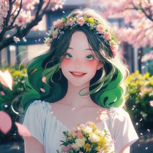 1girl, bangs, blush, bouquet, bracelet, cherry blossoms, confetti, falling petals, flower, head wreath, holding, jewelry, leaf, long hair, looking at viewer, laugh, petals, rose petals, short sleeves, smile, solo, upper body, very long hair white/ green,portrait,