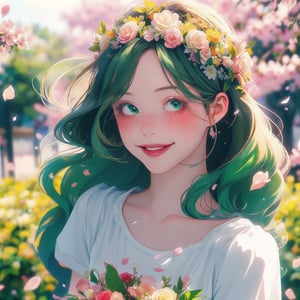 1girl, bangs, blush, bouquet, bracelet, cherry blossoms, confetti, falling petals, flower, head wreath, holding, jewelry, leaf, long hair, looking at viewer, laugh, petals, rose petals, short sleeves, smile, solo, upper body, very long hair white/ green,portrait,