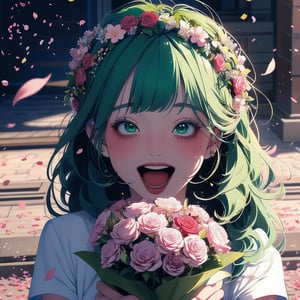 1girl, bangs, blush, bouquet, bracelet, cherry blossoms, confetti, falling petals, flower, head wreath, holding, jewelry, leaf, long hair, looking at viewer, open mouth, petals, rose petals, short sleeves, smile, solo, upper body, very long hair white/ green,portrait,