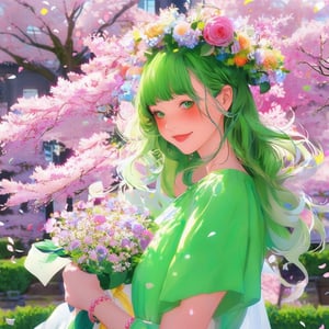 1girl, bangs, blush, bouquet, bracelet, cherry blossoms, confetti, falling petals, flower, head wreath, holding, jewelry, leaf, long hair, looking at viewer, petals, rose petals, short sleeves, smile, solo, upper body, very long hair white/ green,portrait,  