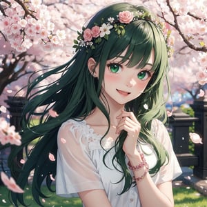 1girl, bangs, blush, bouquet, bracelet, cherry blossoms, confetti, falling petals, flower, head wreath, holding, jewelry, leaf, long hair, looking at viewer, petals, rose petals, short sleeves, smile, solo, upper body, very long hair white/ green,portrait, open mouth,