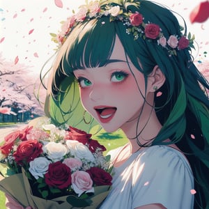 1girl, bangs, blush, bouquet, bracelet, cherry blossoms, confetti, falling petals, flower, head wreath, holding, jewelry, leaf, long hair, looking at viewer, open mouth, petals, rose petals, short sleeves, smile, solo, upper body, very long hair white/ green,portrait,auntjunev3,Bnw