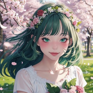 1girl, bangs, blush, bouquet, bracelet, cherry blossoms, confetti, falling petals, flower, head wreath, holding, jewelry, leaf, long hair, looking at viewer, petals, rose petals, short sleeves, smile, solo, upper body, very long hair white/ green,portrait,  