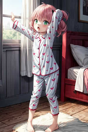 ultra-detailed, masterpiece, high_resolution, anya_forger_spyxfamily, full_body, green eyes, child, loli, is standing, just awake and still with signs of sleep in her expression. 
She is wearing cuddly pink pajamas, which have small decorative details, such as heart-shaped buttons and perhaps some subtle star or flower print. The pajamas have long sleeves and pants that come down to her ankles, completing a comfortable and adorable look.

Anya is stretching, lifting her little arms up and arching her back slightly, as if trying to wake up after a good night's sleep. Her mouth is open in a soft yawn, adding to the image a sense of tenderness and authenticity in her morning gesture.

In the background, perhaps you can see an unmade bed or a window through which the morning light is streaming in, 