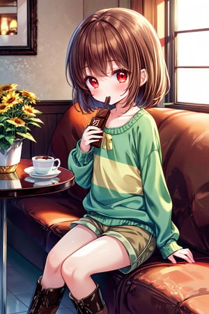 ultra-detailed, masterpiece, high_resolution, Chara, flat_chest, chara, sfw, canon, green sweater with yellow stripes, shorts, red eyes, brown hair, short hair, boots, blusher, red eyes.

She is sitting in the comfort of her home in the dining room, enjoying a delicious chocolate bar next to a potted sunflower.